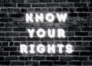 White Neon Lettering on a Black Brick Background States "Know Your Rights"